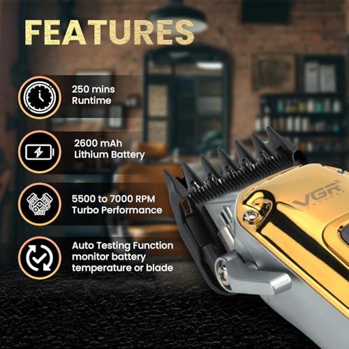 ماكينة قص الشعر الاحترافية VGR V-006، مخصصة لصالونات الحلاقة، مزودة بشاشة رقمية، وذراع تحكم في طول القص (Taper Lever)، وزر للتحكم في السرعة (5500-7000 دورة في الدقيقة)، وشفرة سيراميك، و8 أمشاط قص. تعمل لمدة 250 دقيقة، وتضم بطارية ليثيوم بسعة 2600 مللي أمبير (لون ذهبي) - ضمان لمدة عامين. — product image 3 of 6, Marshan Store